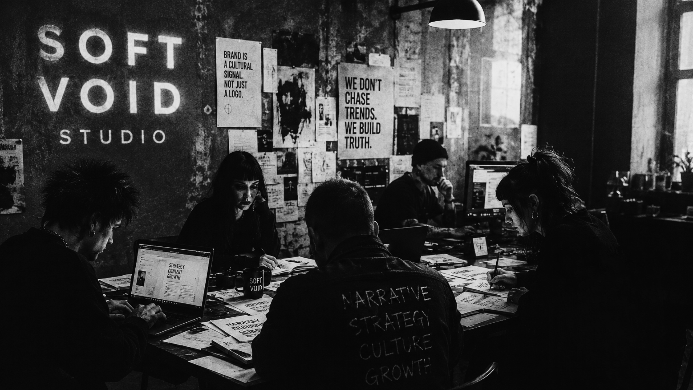 A cinematic, black-and-white workspace scene of the Soft Void Studio team collaborating around a table. A laptop screen clearly displays the words 'Strategy Content Growth,' while the back of a team member's jacket is embroidered with 'Narrative, Strategy, Culture, Growth.' The walls behind them are decorated with posters reading 'Brand is a cultural signal, not just a logo' and 'We don't chase trends. We build truth.
