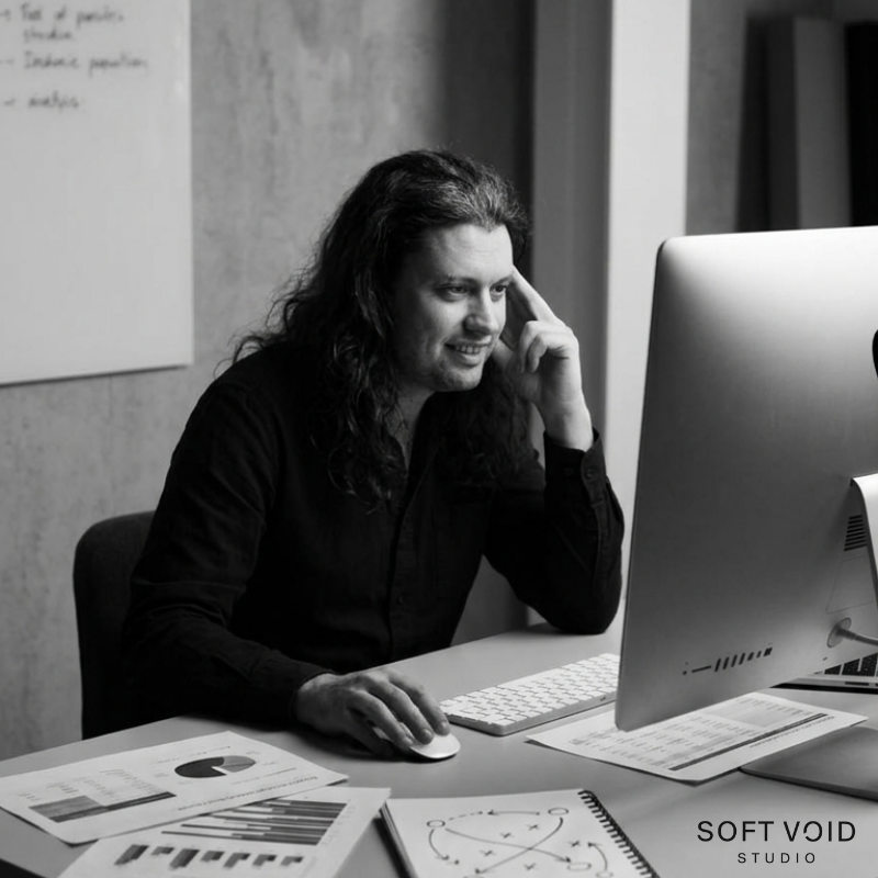 A black-and-white portrait of Kyle Smith, founder and strategic lead of Soft Void Studio.